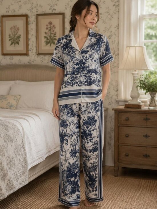 2CE Other - 2CE Sleepwear Small 2-Piece Pajama Set Blue White Satin Toile French Cottage*Rea